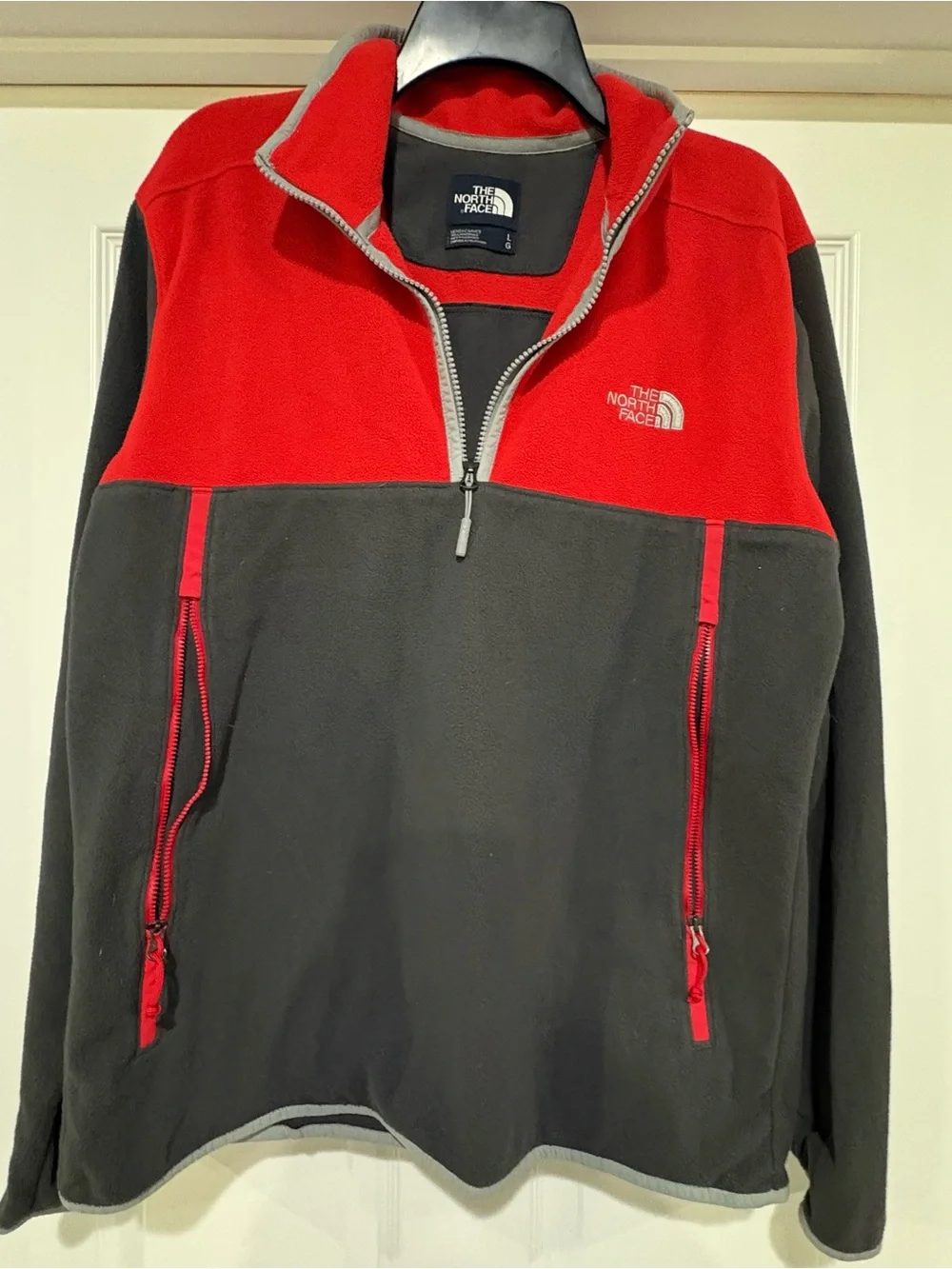 The North Face Men's Red and Gray Zip-Up Fleece Pullover